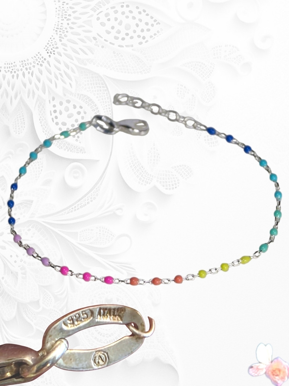 Delicate Sterling Silver Italian Rainbow Enamel Beaded Bracelet 925 Italy